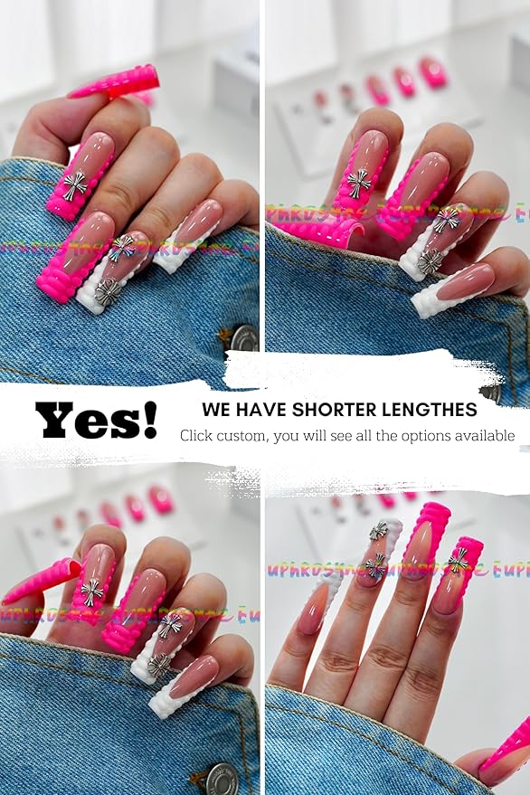 Euphrosyne Gothic Y2K Press On Nails – 10pcs Long Pink and White Square Fake Nails with 3D Cross Charms & Textured Tips