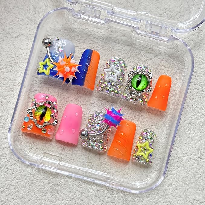 Handmade Press on Nails Short Duck Fake Nails Orange False Nails with Glue,Muti-Layer Gel Thick Press ons Nail Luxury Rhinestone Design Reusable Acrylic Nails for Women(Size S)