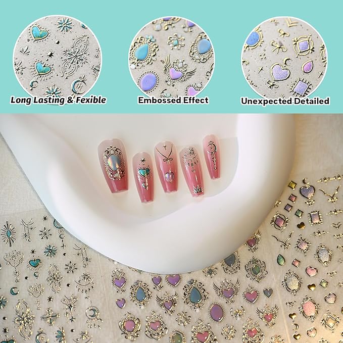 Holographic Heart Nail Art Stickers, Aurora Nail Decals, Self-Adhesive, Golden Nail Accessories for Women, Nail Decorations 3 Sheets