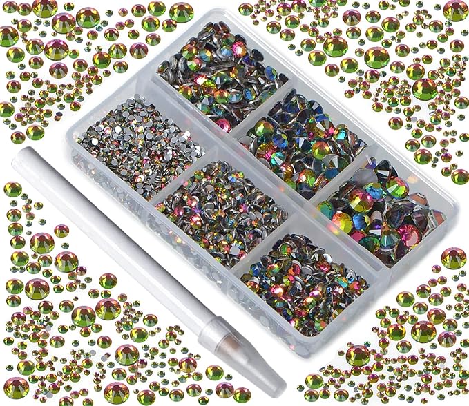 Bymitel 5000 Pieces 6 Mixed Sizes Glue Fix on Glass Rhinestones Round Crystal Gems Flatback for DIY Jewelry Making with one Picking Pen(6-Sizes 5000PCS, Vitrail Medium)