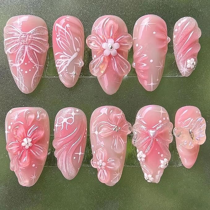 24Pcs Pink Press on Nails Medium Almond Fake Nails with 3D Flower Butterfly Designs Stick on Nails Bow False Nails Spring Summer Floral Acrylic Nails Gold Bead Glue on Nails for Women Nail Supplies