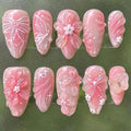 24Pcs Pink Press on Nails Medium Almond Fake Nails with 3D Flower Butterfly Designs Stick on Nails Bow False Nails Spring Summer Floral Acrylic Nails Gold Bead Glue on Nails for Women Nail Supplies