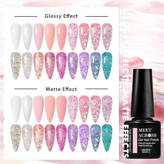 MEET ACROSS Gel Nail Polish Set White Pink Rubber Base Gel Polish + Glitter Gel Nail Polish Pink Purple Sparkly Sequins Nail Polish Manicure Kit 18 Colors