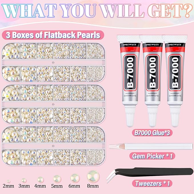 Flatback Pearls for Crafting with 3Pcs 10ml B7000 Jewelry Glue, 3 Boxes of Half Round Beige AB Pearls, Bedazzling Beads for DIY Crafts Clothing Tumblers Shoes Embellishment Nail Art