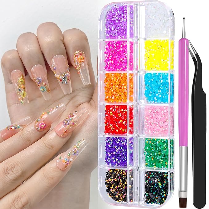 3D Mini Small Metal Stainless Steel Caviar Nail Beads Balls, 0.8-3mm Gold Silver Alloy Nail Art Chain Charms Studs with Tweezers and Dual-end Brush (8-K1-2mm-jelly)