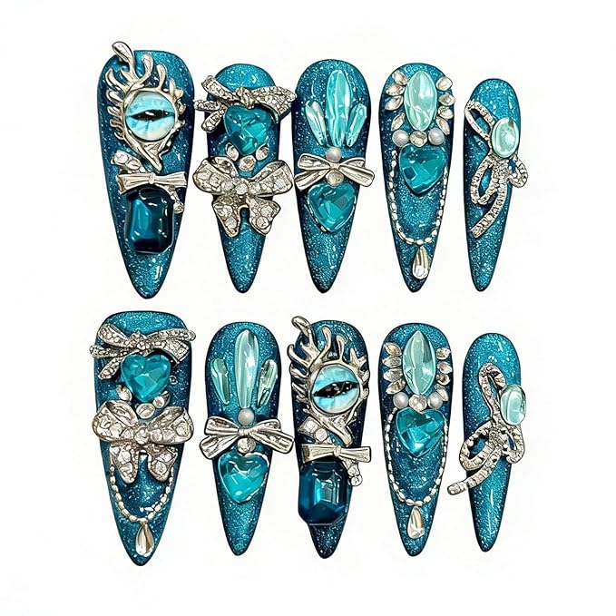 Handmade Press on Nails Stiletto Heavily Embellished with Full Diamonds The Luxurious Blue Evil Eye Handmade Stiletto Press on Nails 3D Luxury Press on Nails（S）