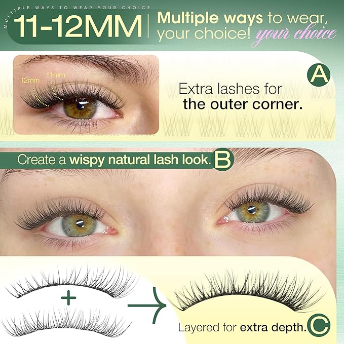Lash Clusters 11-12MM Natural Eyelash Clusters Clear Band Individual Lashes Short Wispy Cluster Lashes C Curly Cluster Eyelash Extensions 90PCS DIY Lash Extension by Lvmixwig
