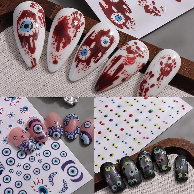 Halloween Eyeball Nail Stickers - 3D Bloody Horror Eyeball Self-Adhesive Nail Decals for DIY Funny Spooky Manicure (6 Sheets)