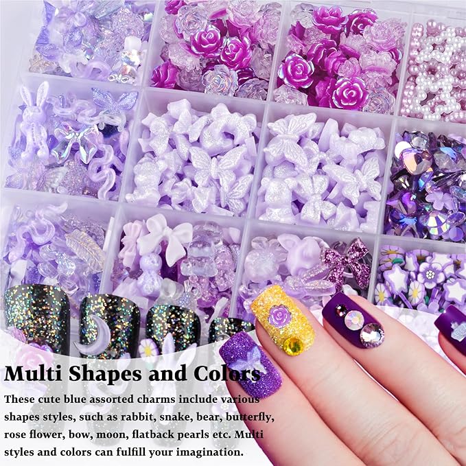 850 Pieces 3D Butterfly Rose Flower Bow Rabbit Bear Nail Charms Kit with Nail Art Rhinestones Pearls Crystal Gems Nail Slices for Manicure DIY Crafts Jewelry Accessories (Purple)