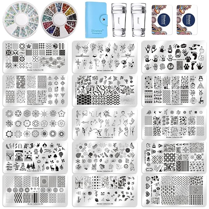Biutee Christmas Nail Stamp Plate Kit Jelly Silicone Clear Stamper Nail Art Stamping Plate French Tip Template Nail Rhinestone Decoration Scraper Deer