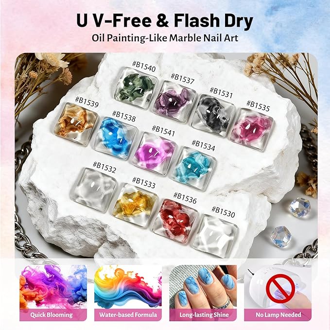 JODSONE Marble Nail Polish, Blooming Gel Marble Ink for Nails 12 Colors Blue Purple Pink Ink Magic Watercolor Blooming Marble Effects Gel Nail Polish at Home DIY Nail Art Flower Design