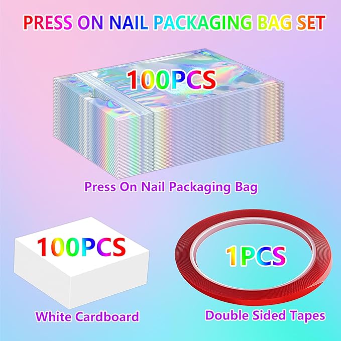 100 Sets Empty Press on Nail Packaging Including Holographic Bags White Card and Transparent Tape for Manicurist Small Business Office Home