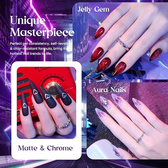 Beetles Jelly Gel Nail Polish Set - Jelly Magic Gel Polish, 6 Colors Jelly Gel Polish Kit Pink Red Black Blue Green Purple Sheer Translucent Effect Soak Off UV Manicure DIY Gift for Women