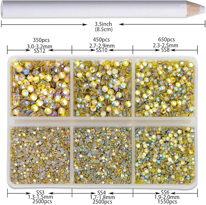 8000pcs Hotfix Rhinestones Flatback,Rhinestones for Crafts Clothes Mixed 6 Sizes, Hotfix Crystals with Wax Pencil Kit, SS3-SS12,Citrine AB