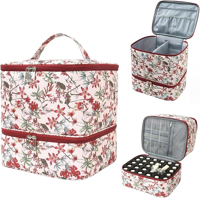 Nail Polish Organizer Aesthetic Nail Organizers and Storage, Bow Nail Supplies Kit Organizer Travel Carrying Case for Manicure Tools (Floral E, 2 Layer)