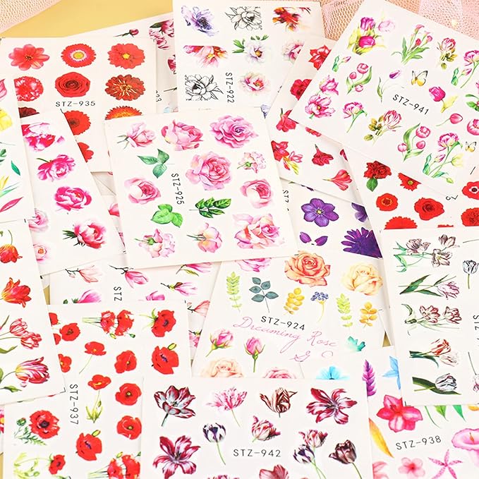 24 Sheets Flowers Nail Art Stickers, Water Transfer Decals Holographic Flower Butterfly Leaf Designs for Women Girls Manicure Charms Decoration