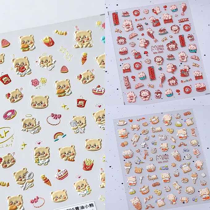 Dedyel 5D Embossed Cute Nail Art Stickers Cartoon Kawaii Design Anime Self Adhesive Nail Stickers for Women Kids Girls Nails Art Decorations