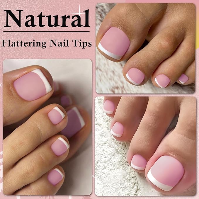 300pc French Tips Press on Toenails Women Fake Toes Nail Tips, Pink Glue on Toe Nails Press ons Fake Toenail Soft Gel False Toe Nail Feet Artificial Toe Fake Nail Tip for Acrylic Toenail Extension