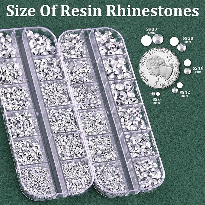 Resin Rhinestones for Crafting with B7000 Jewelry Glue, 2 Boxes Sliver Flatback Crystals with 3Pcs 10ml Glue for Bedazzling Crafts DIY Nail Art Makeup，Non Hotfix Gems for Clothing Shoes