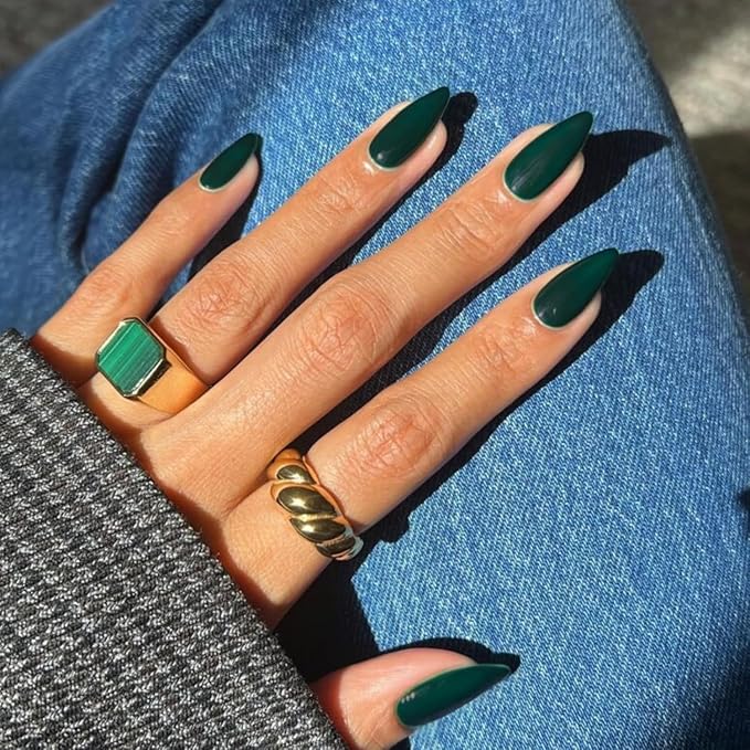 Dark Green Press on Nails Almond Shaped Medium Almond Nails Press on Neutral Acrylic Nails Reusable Fake Nails for Women Girls, Glue on Nails Medium Length Stiletto False Nails Gel Artificial Nails