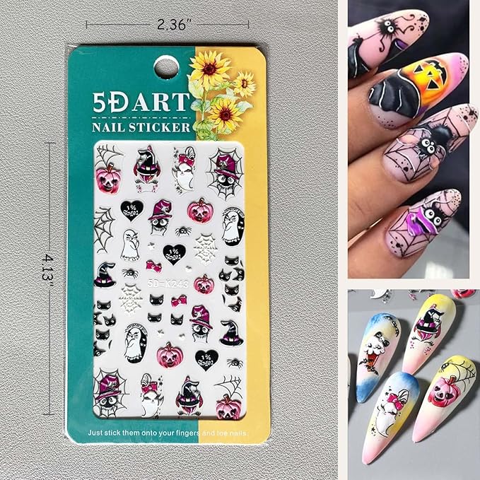 5D Self-Adhesive Nail Stickers for Halloween Nail Decals: DIY Nail Art Design with Bat, Ghost, Pumpkin, Spider Web, Witch, Skull, Bones, etc. Ideal for Halloween Party Supplies for Women (Pink)