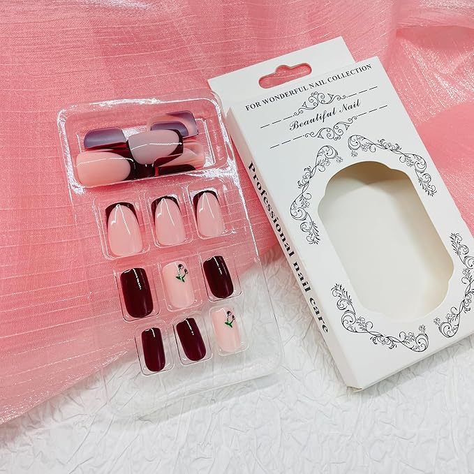 Square Press on Nails Short Fake Nails with Designs Cherry Stick on Nail Retro Red Acrylic False Nail Glossy Artificial Nail Full Cover Glue on Nails for Women 24Pcs