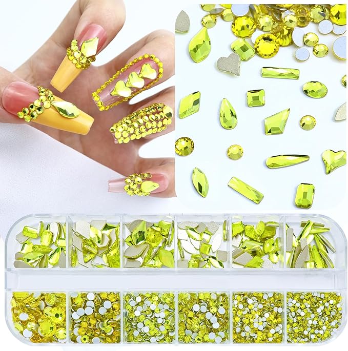 Dowarm 3200PCS Nail Art Rhinestones, Citrine/Yellow Flatback Rhinestones for Nails, Crafts, 12 Styles 3D Glass Crystal Nail Gems, Glitter Diamond