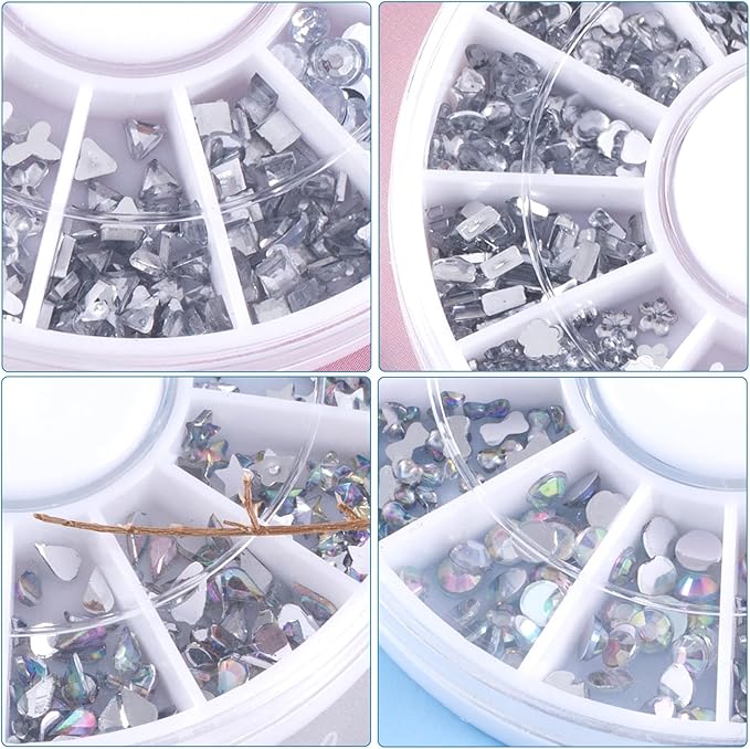 2 Disc Nail Art Charms, 3D Alloy Nail Art Decals, Mini Oval Star Flower Heart Rhinestones Handmade Supplies for Women DIY Craft Jewelry Manicure Embellishments- Silver