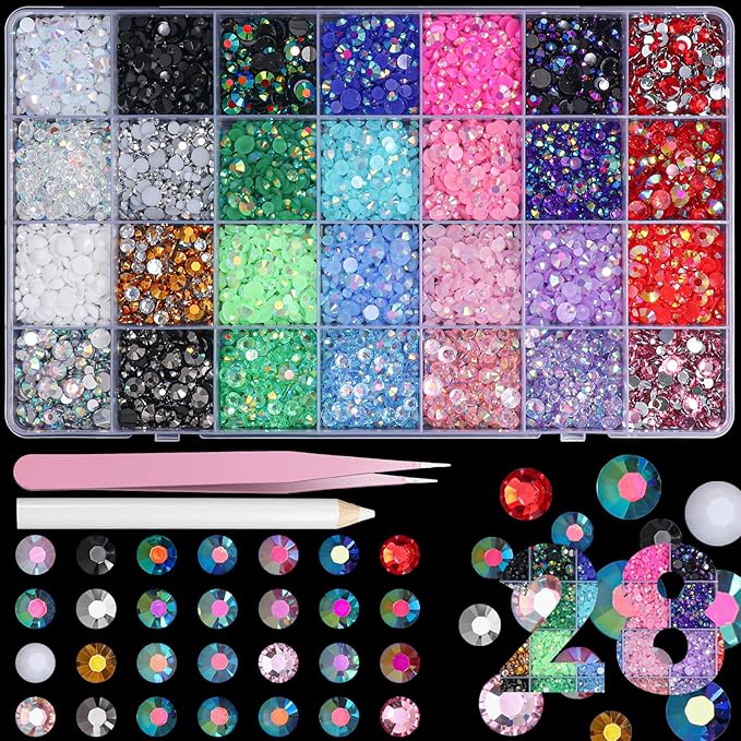 22300Pcs Color Rhinestones for Bedazzling, 3-6 mm Jelly Bedazzling Resin Gems, White Pink Purple Black Gold Tan Red Silver Gems Colored Bedazzling Kit for Crafting Nails Face Makeup Crafts Tumblers