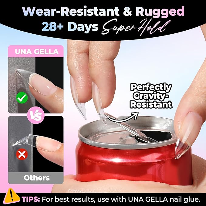 UNA GELLA Stiletto Gel Nail Tips Medium 15 Sizes 300PCS Pre-Etched Clear Acrylic Nail Tips Easy DIY Salon Stiletto Almond Press On Nails Snug Fit Full False Fake Tips Extensions Long-Lasting Hold