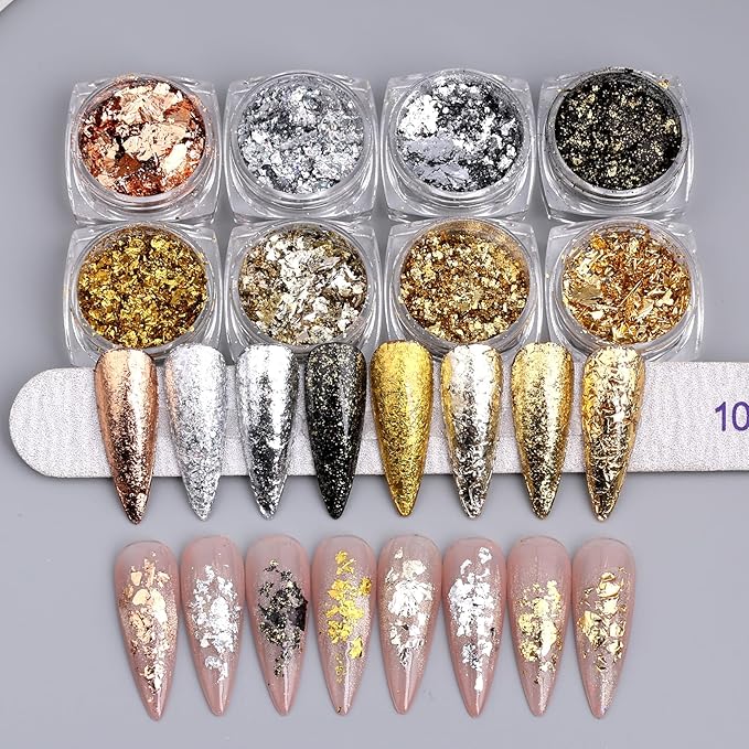 8 Bottles Gold Flakes Nail Glitter Foils Metallic Gold Silver Black Rose Golden Foil Nail Sequins 3D Irregular Ultra-Thin Aluminum Nail Art Flakes Designs Shiny Gold Leaf for Nails Decoration