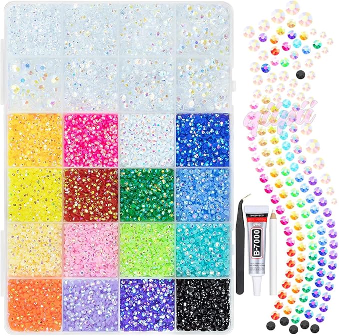 2mm-6mm Transparent AB Resin Rhinestones w B7000 Glue for Crafting Bedazzling Flatback Colorful Jelly Stones Diamonds Gems Bedazzler Kit for Nails Face Eyes Makeup Tumblers Bottles Shoes Crafts