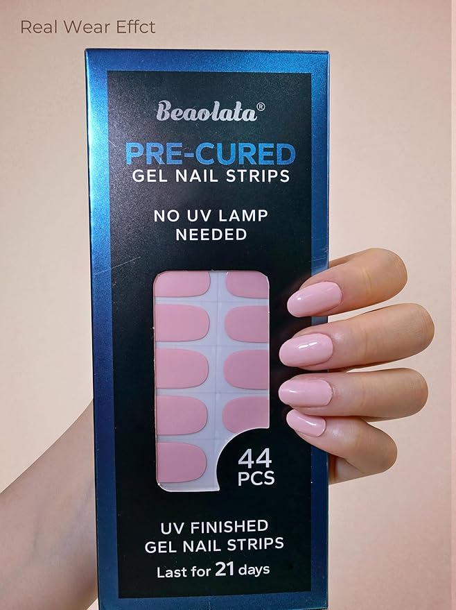 Pre Cured Gel Nail Strips - 44PCS Salon Quality Gel Nail Stickers - Long Lasting Polish Wraps for Women no UV Light Needed Easy Apply & Remove (Pure Pink)