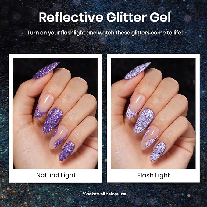 Beetles Reflective Glitter Gel Nail Polish Kit Gel Polish 6 Colors Holographic Sparkle Flash Dimond Sliver Gold Soak Off UV LED Manicure Gift for Women Girls Midnight Sparkling