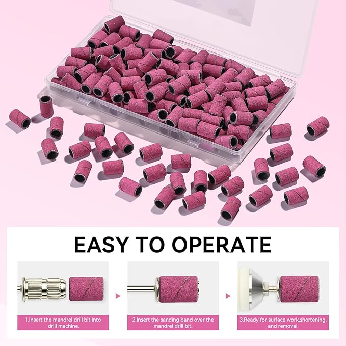 Makartt Sanding Bands for Nail Drill - 100 Pcs Nail File Sanding Bands for Drill Bits #240 Medium Grits for Acrylic Nails Gel Removing and Shaping, Upgrade Thicker Durable Sanding Drill Bit, Pink