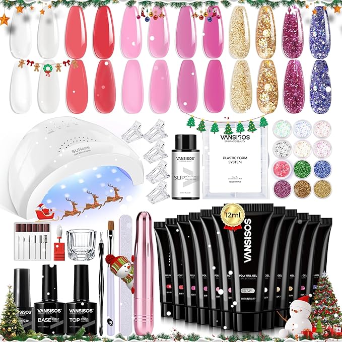 Poly Nail Gel Complete Kit: 12 Colors Poly Nail Gel Kit with U V Light Slip Solution with Base & Top Coat Extension Full Kit for Beginners DIY at Home or Professional Salon