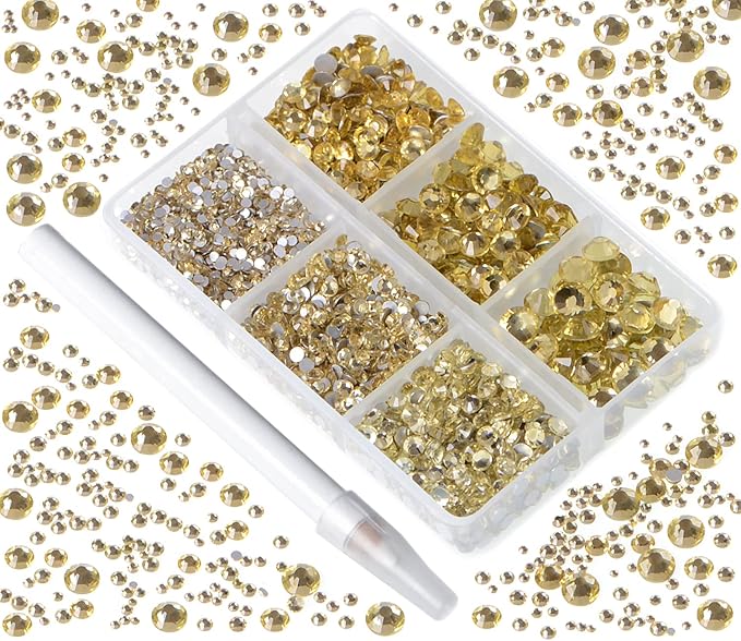 Bymitel 5000 Pieces 6 Mixed Sizes Glue Fix on Glass Rhinestones Round Crystal Gems Flatback for DIY Jewelry Making with one Picking Pen (6-Sizes 5000PCS, Jonquil)