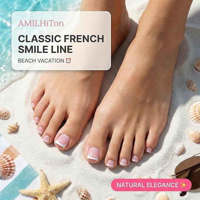Cotton Candy Pink French Tip Toe Nail Press Ons, 150PCS Square Full Cover Soft Gel Toe Nail Tips, 15 Sizes for Wide Toenail Beds, Pre-Shaped for DIY French Pedicure & Salon