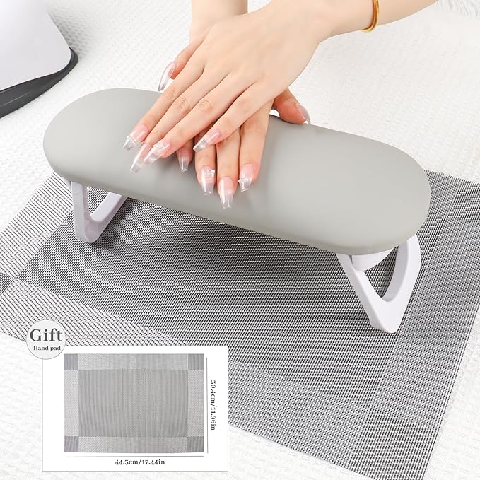 Nail Arm Rest, Professional Foldable PU Leather Nail Hand Rest with PVC Table Mat for Acrylic Nails, Soft Nail Hand Pillow Non-slip for Manicure Salon Use (higher-Grey)