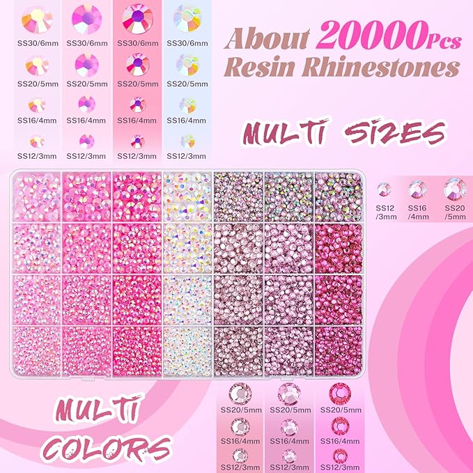 20000Pcs Pink Rhinestones for Bedazzling with B7000 Jewelry Glue, Resin Rhinestones for Crafting Crafts DIY, Bedazzler Kit Gems for Clothing Shoes Tumblers Fabric Nail Art Assorted Size 3/4/5/6mm