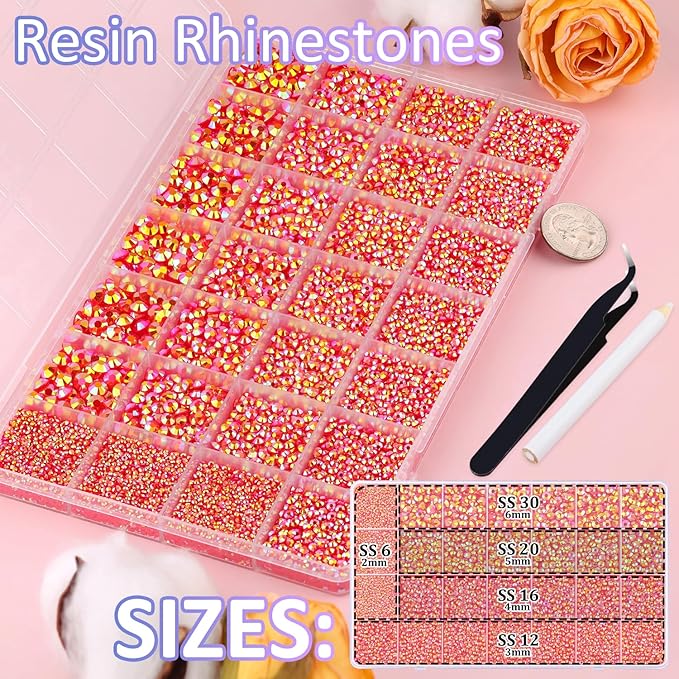 30000Pcs Resin Rhinestones for Bedazzling with Tweezers, Red AB Rhinestones for Crafting with 3Pcs 10ml B7000 Jewelry Glue for DIY Crafts Clothing Tumblers Shoes Fabric Nail Art