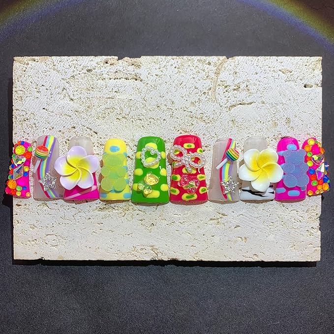 10 Pcs Long Duck Press on Nails Handmade Fake Nails with Glue, 3D Flower False Nails Colorful Twinkle Star Shaped Candy Artificial Acrylic Thick Stick on Nails for Women Grils（Size M）
