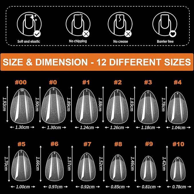 BlueZOO Extra Short Almond Nail Tips 600Pcs Soft Gel Full Cover Nail Tips, Half Matte Acrylic Fake Nails for Extension Nail Manicure Salon Home DIY, Clear Almond Pre Shaped Press On Nails, 12 Sizes