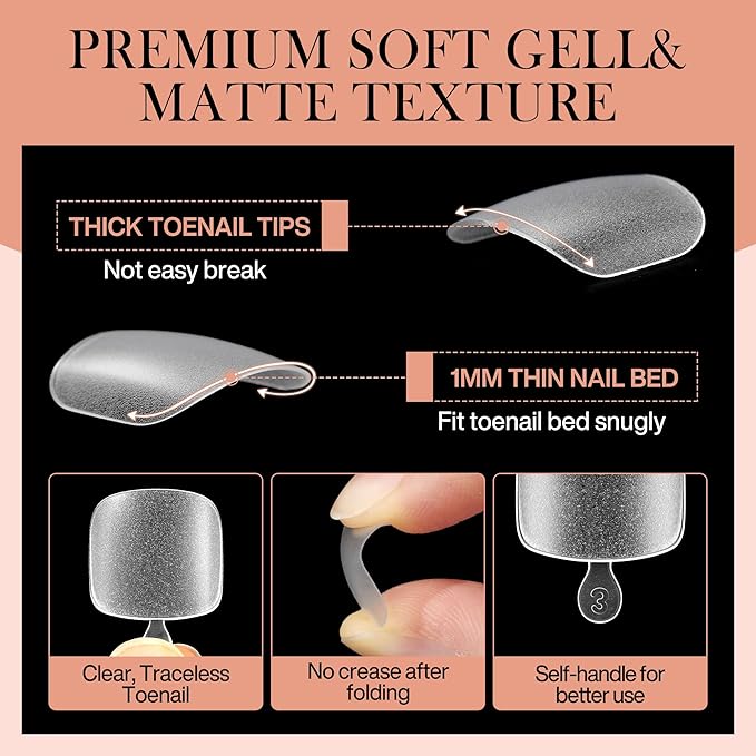 Short Toe Nail Tips Square Toe Nail Press Ons Full Matte 504pcs Full Cover Toenail Press On Nails Smoothly Curved for Any Toenail Shapes Easily DIY Salon, 12 Sizes Toe Acrylic Nails, Luckyfairy