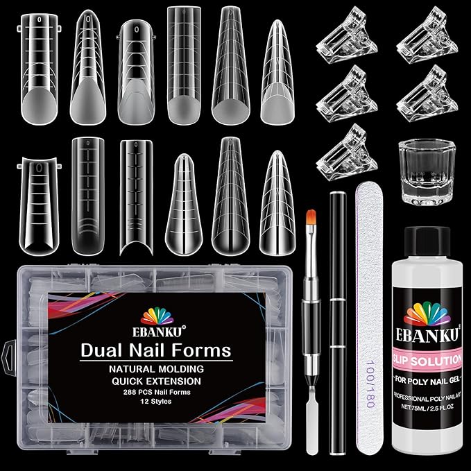 EBANKU Poly Gel Nail Forms Kit - 288PCS Reusable Dual Forms for Builder Gel, Nail Mold Kit with 2.5oz Slip Solution, Brush, File, 5PCS Clips - 12 Shapes