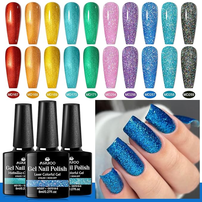 12Pcs Metallic Gel Nail Polish + Reflective Glitter Gel Polish Red Orange Pink Blue Green Neon Nail Polish Gel for Home Salon DIY Manicure Gift