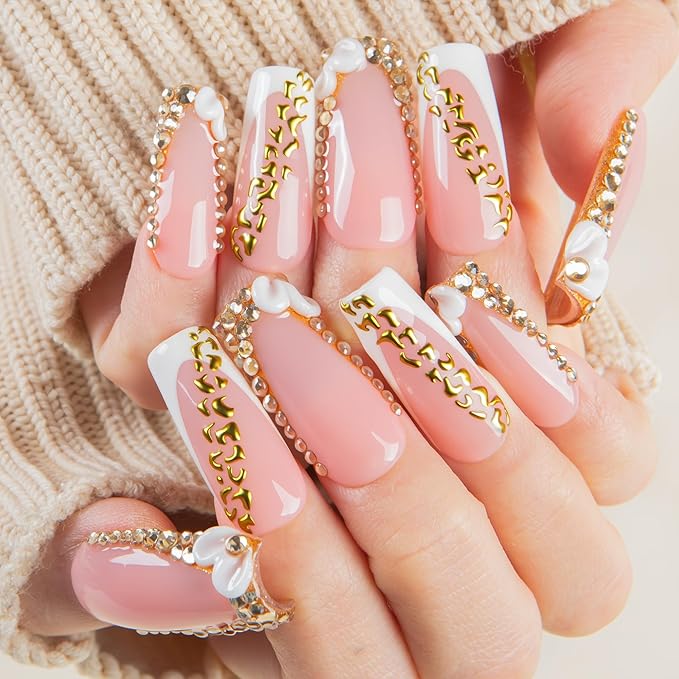 LOVFUL Short French Tip Press on Nails Gold Crystal | Handmade Acrylic Press ons| Reusable Fake False Nails | Square Classic Regular 1.3in | H706-M