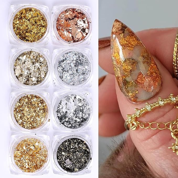 8 Bottles Gold Flakes Nail Glitter Foils Metallic Gold Silver Black Rose Golden Foil Nail Sequins 3D Irregular Ultra-Thin Aluminum Nail Art Flakes Designs Shiny Gold Leaf for Nails Decoration