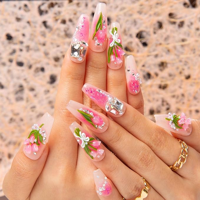 LOVFUL Press on Nails Blushing Tulips | Handmade with Full Covered Crystals | Reusable Full Cover Nails | Coffin Classic Regular 1.3 in | H459-M