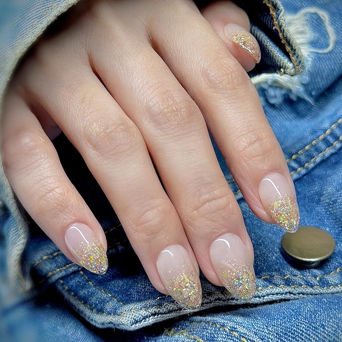 Press On Nails Short Almond Jelly Pink Glossy with Gold Glitter Tips. Reusable Soft Gel Nails in 15 Sizes -30 Nail Kit with Glue | Designed in L.A, Handmade in Vietnam | Hi-End